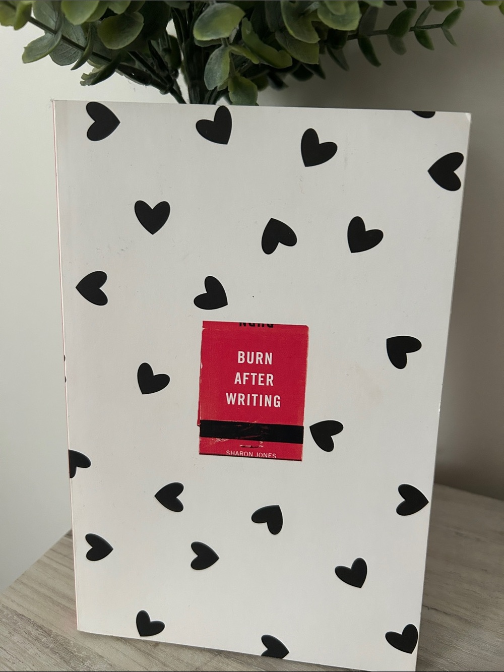 Blank Brand Burn After Writing Journal in White with Black Hearts and Red Accent